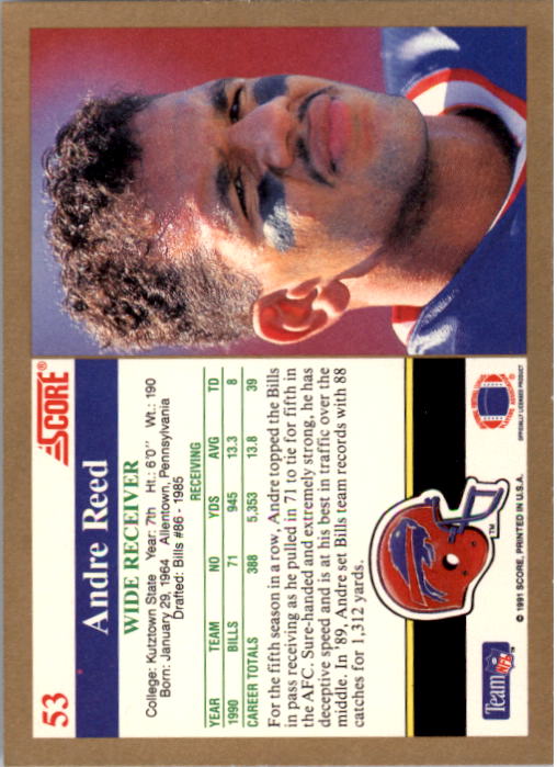 1991 Score #53 Andre Reed back image