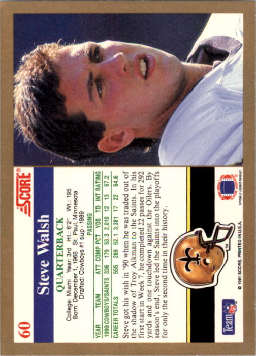 1991 Score #60 Steve Walsh back image