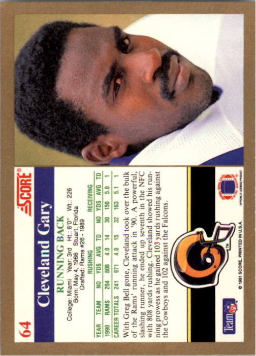 1991 Score #64 Cleveland Gary back image