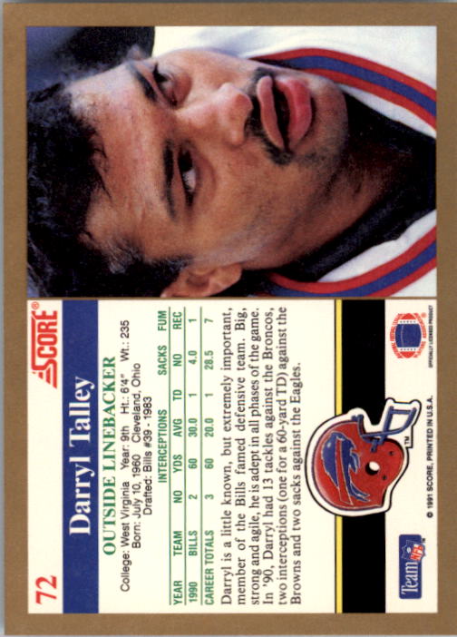 1991 Score #72 Darryl Talley back image