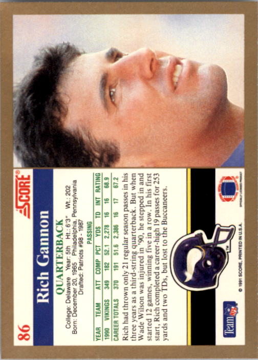 1991 Score #86 Rich Gannon back image