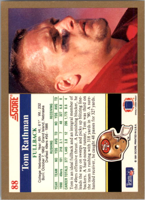 1991 Score #88 Tom Rathman back image