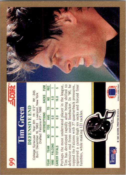 1991 Score #99 Tim Green back image
