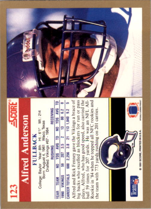 1991 Score #123 Alfred Anderson back image