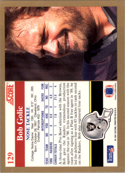 1991 Score #129 Bob Golic back image