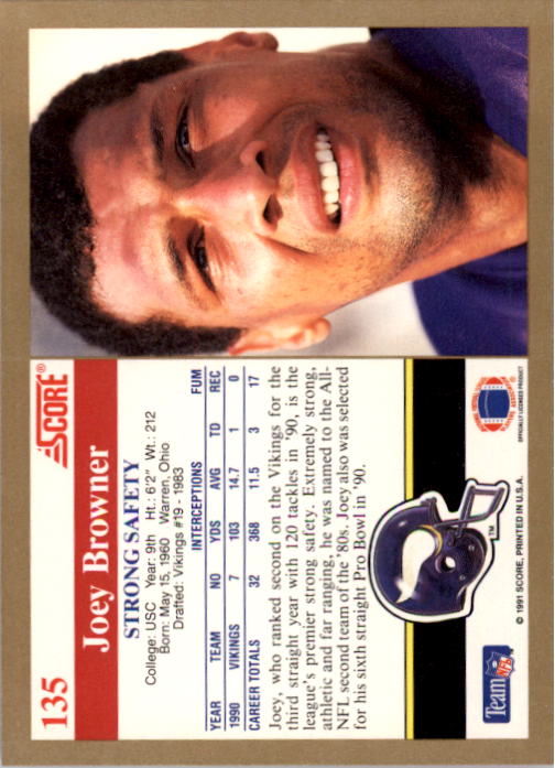 1991 Score #135 Joey Browner back image