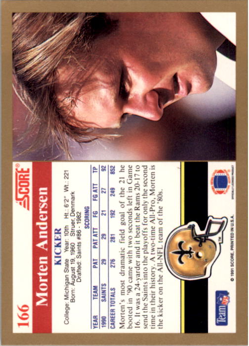 1991 Score #166 Morten Andersen back image
