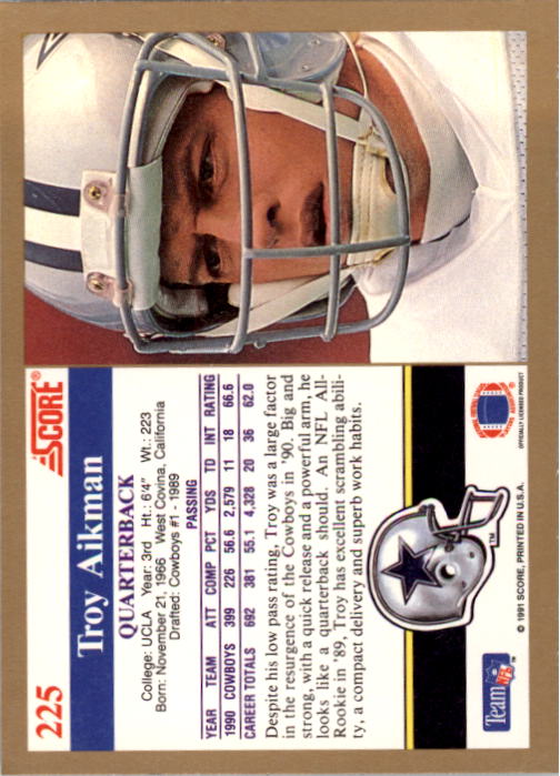 1991 Score #225 Troy Aikman back image
