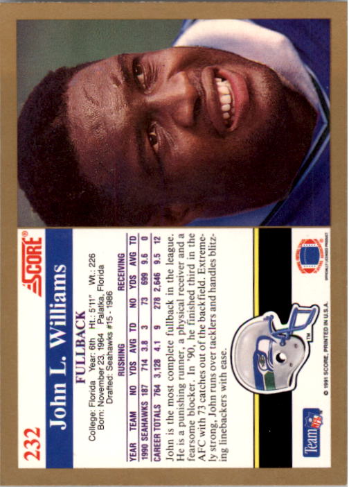 1991 Score #232 John L. Williams back image