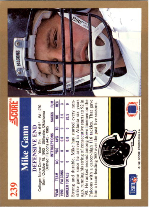 1991 Score #239 Mike Gann back image