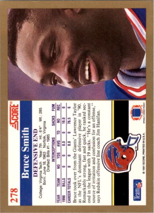 1991 Score #278 Bruce Smith back image