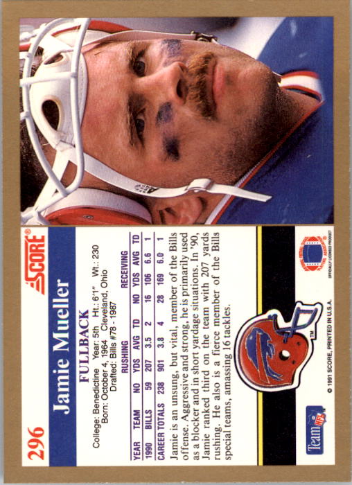 1991 Score #296 Jamie Mueller back image