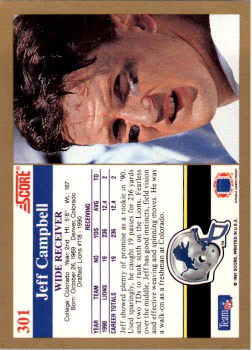 1991 Score #301 Jeff Campbell back image