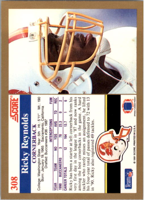 1991 Score #308 Ricky Reynolds back image