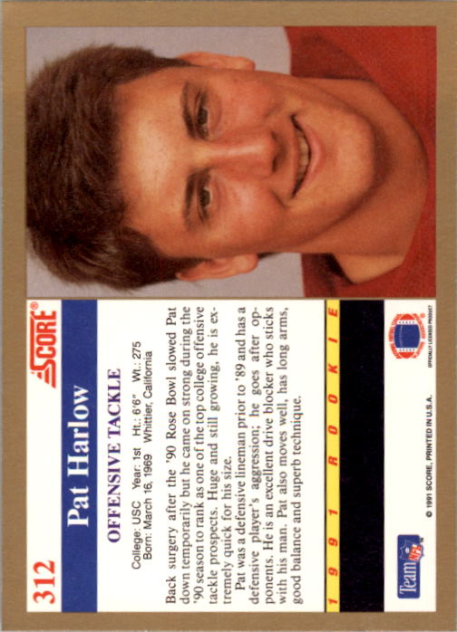 1991 Score #312 Pat Harlow RC back image