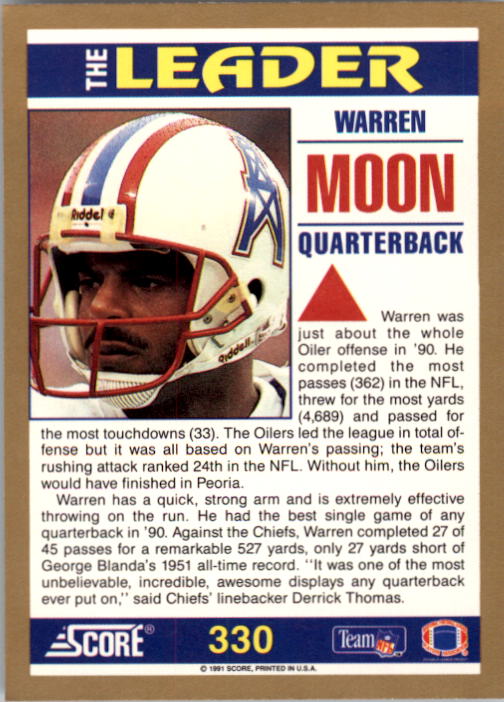 1991 Score #330 Warren Moon TL UER/(Not Blanda's record,/should be Van Brocklin) back image