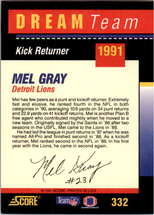 1991 Score #332 Mel Gray DT back image