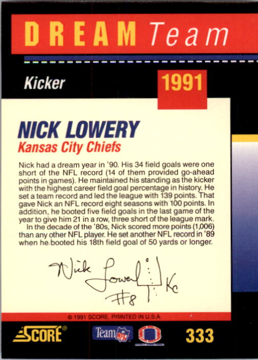 1991 Score #333 Nick Lowery DT back image