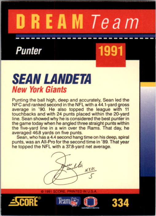 1991 Score #334 Sean Landeta DT back image