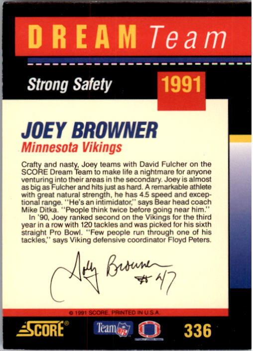1991 Score #336 Joey Browner DT back image