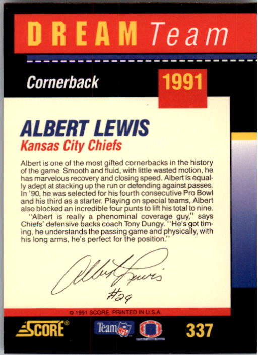 1991 Score #337 Albert Lewis DT back image