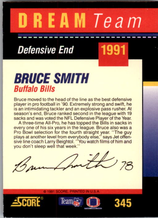 1991 Score #345 Bruce Smith DT back image