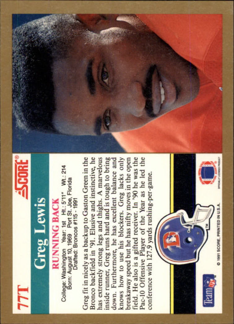 1991 Score Supplemental #77T Greg Lewis back image