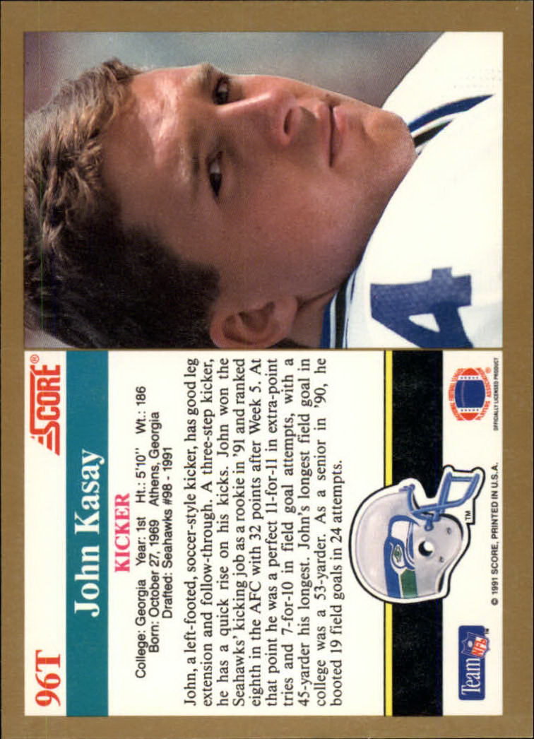 1991 Score Supplemental #96T John Kasay RC back image