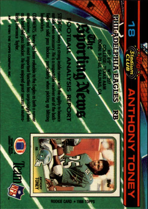 1991 Stadium Club #18 Anthony Toney back image