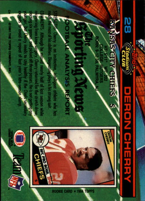1991 Stadium Club #28 Deron Cherry back image
