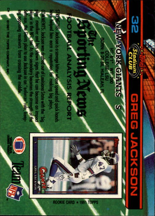 1991 Stadium Club #32 Greg Jackson RC back image
