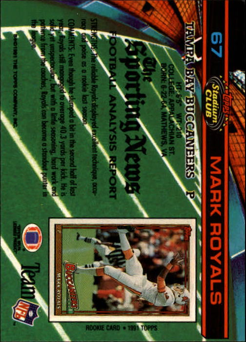 1991 Stadium Club #67 Mark Royals RC back image