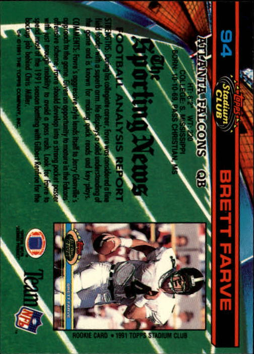 1991 Stadium Club #94 Brett Favre UER RC back image