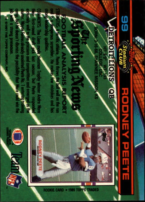 1991 Stadium Club #99 Rodney Peete back image