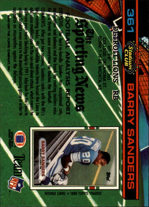 1991 Stadium Club #361 Barry Sanders back image