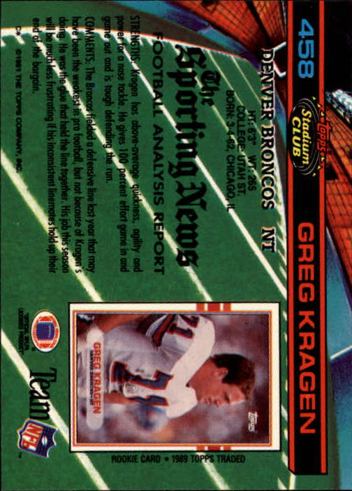 1991 Stadium Club #458 Greg Kragen back image