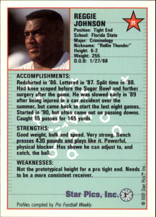 1991 Star Pics #25 Reggie Johnson back image