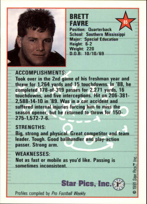 1991 Star Pics #65 Brett Favre back image