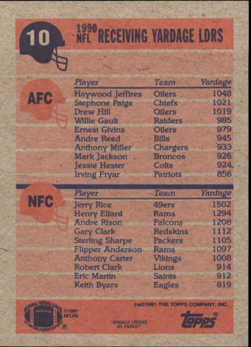 1991 Topps #10 Leaders Receiving/Jerry Rice/Haywood Jeffires back image