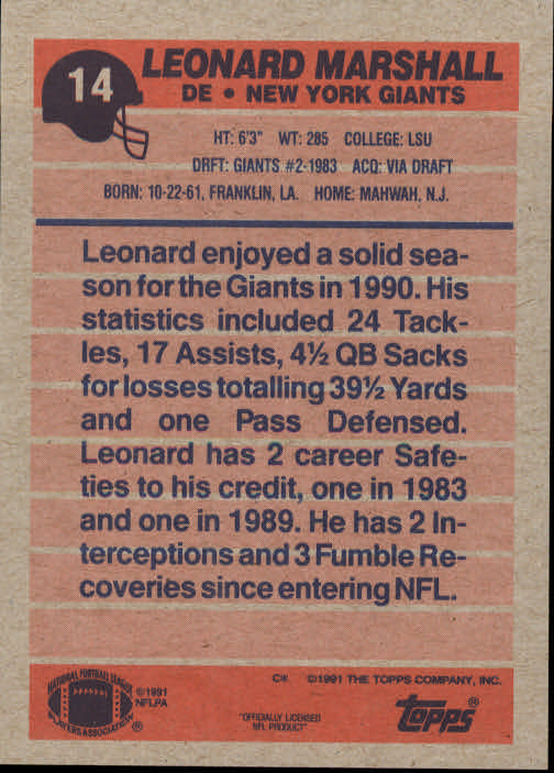 1991 Topps #14 Leonard Marshall back image