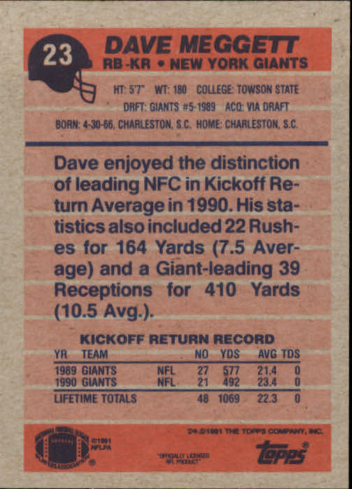 1991 Topps #23 Dave Meggett back image