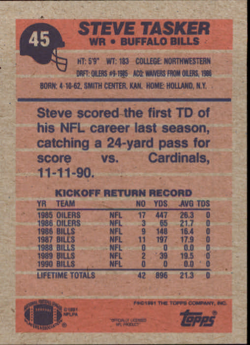 1991 Topps #45 Steve Tasker back image