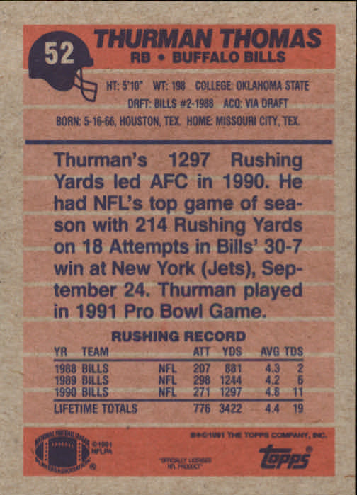 1991 Topps #52 Thurman Thomas back image