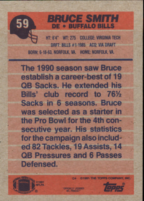 1991 Topps #59 Bruce Smith back image