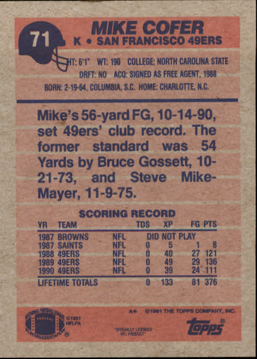 1991 Topps #71 Mike Cofer back image