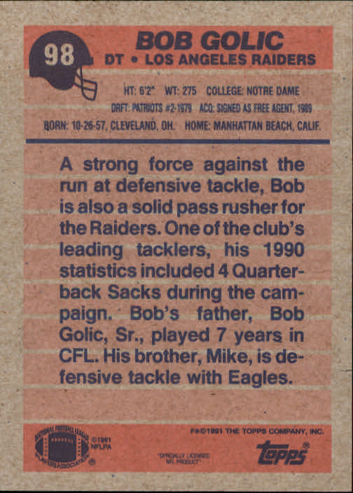1991 Topps #98 Bob Golic back image