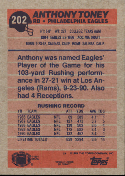 1991 Topps #202 Anthony Toney back image