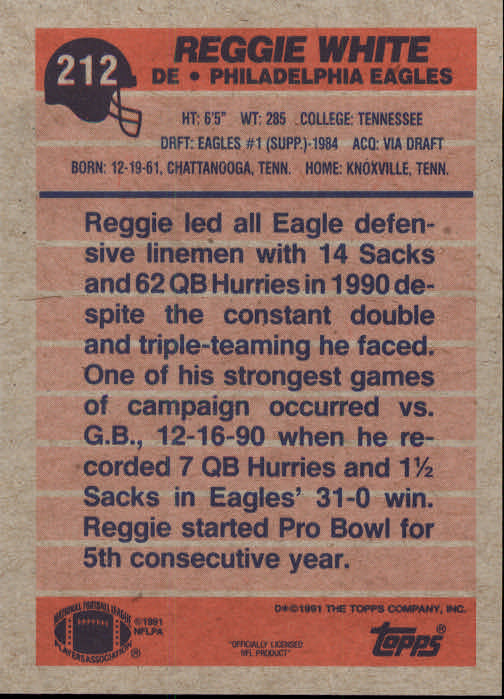 1991 Topps #212 Reggie White back image