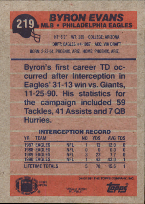 1991 Topps #219 Byron Evans back image