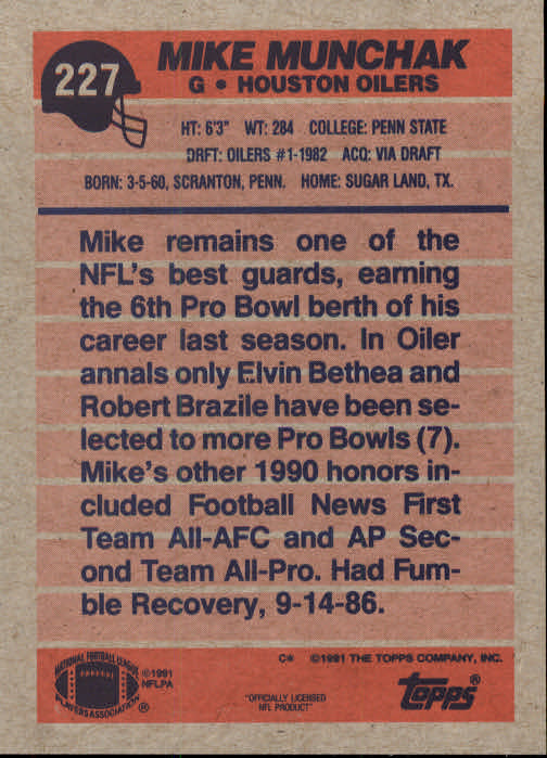 1991 Topps #227 Mike Munchak back image